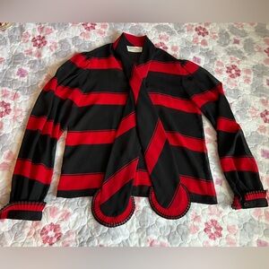 VTG Albert Nipon Red and Black Striped Blouse Sheer Button-Up Collar Hong Kong 6